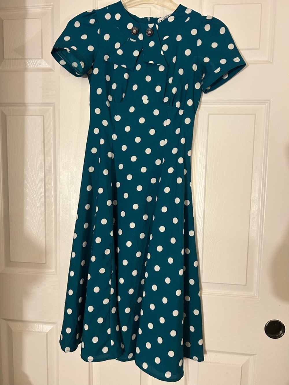 Hell bunny Teal Polka Dot Midi Dress with Bow Detail